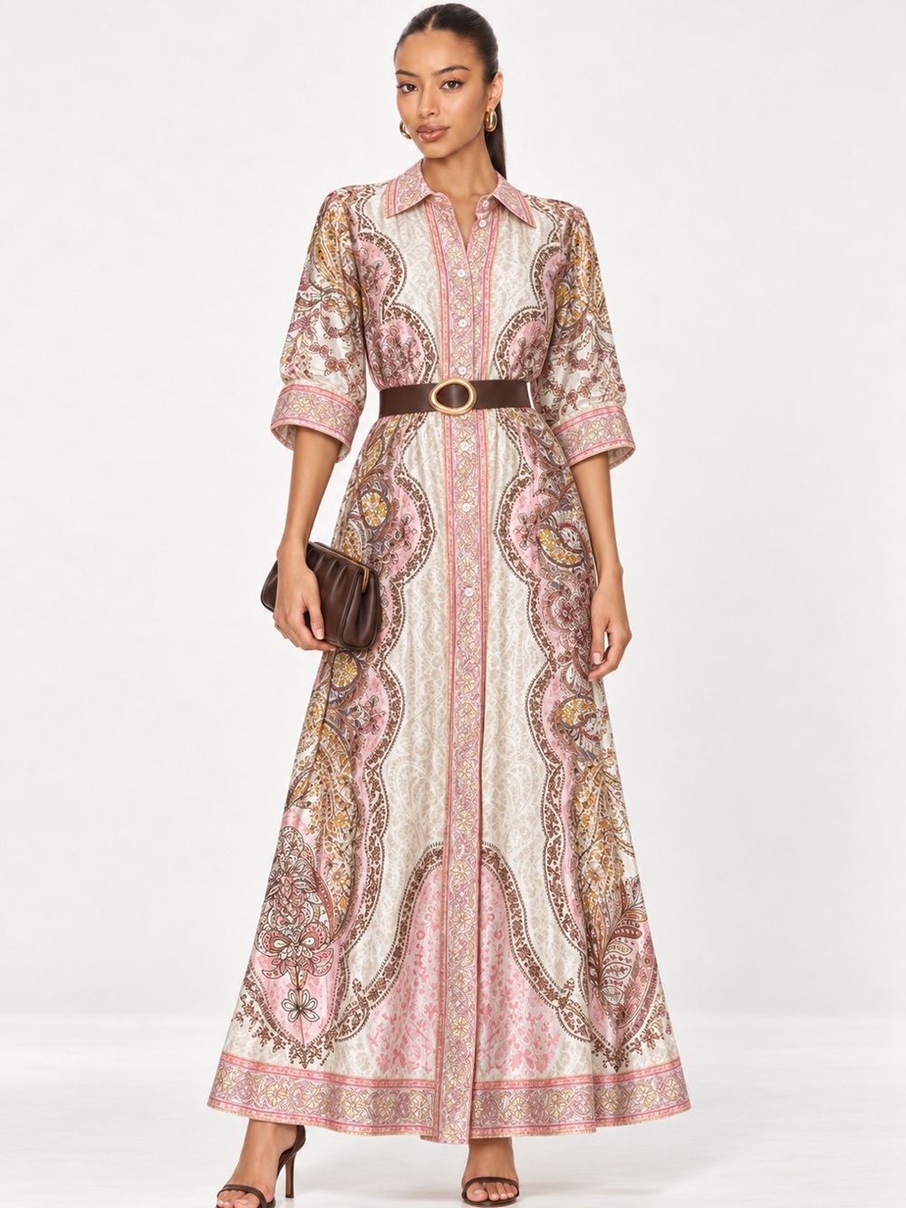 Lola Silk Pink Ivory Paisley Maxi Shirt Dress Made in Italy